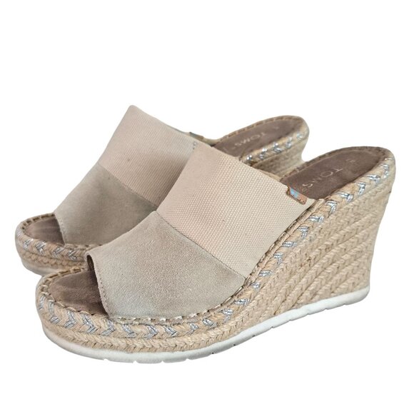 Toms Beige Wedge Espadrille Sandals Womens Size 7 Suede & Fabric Upper Peep Toe - Picture 3 of 13